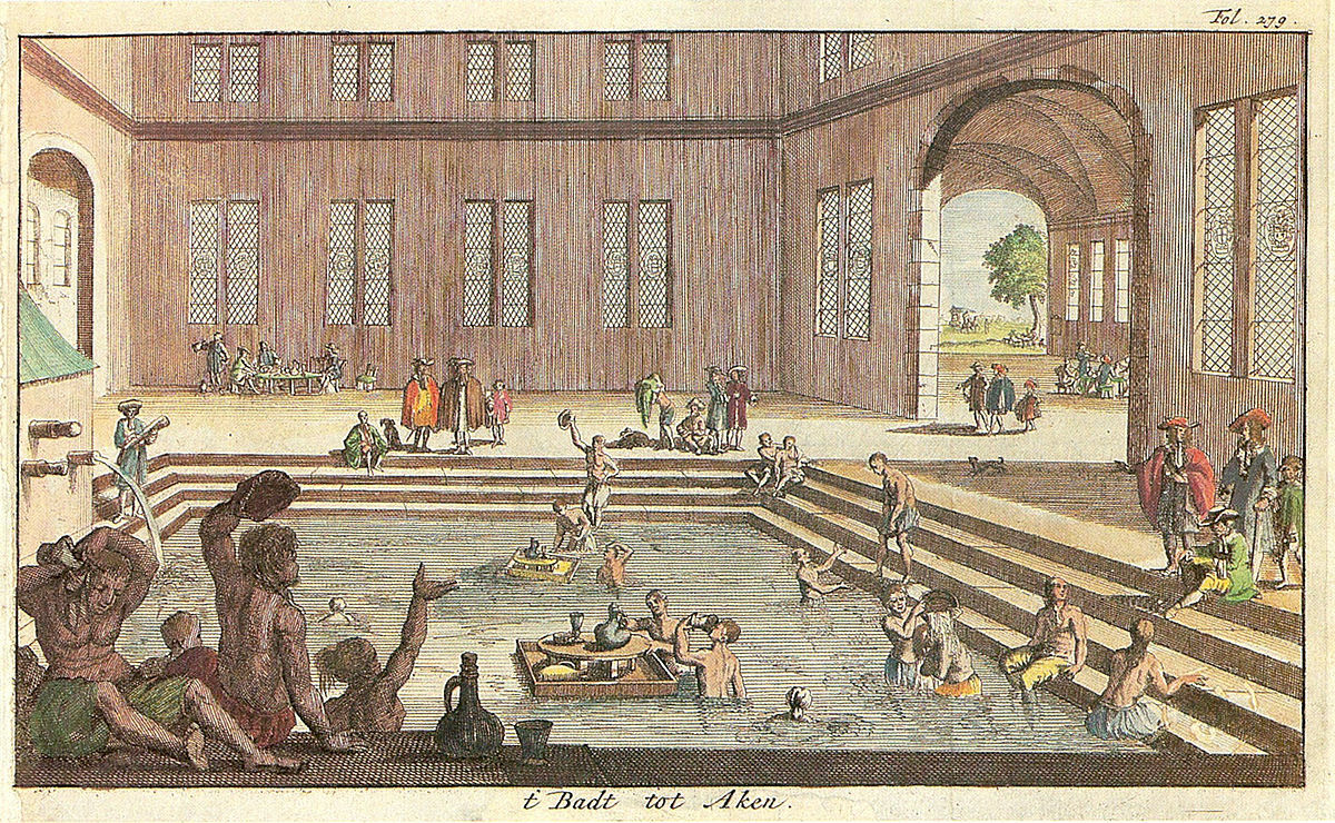 Innenansicht des Kaiserbades in Aachen, Ende 17. Jahrhundert. Schwimmende Tische tragen Krüge für Wasser und Wein.