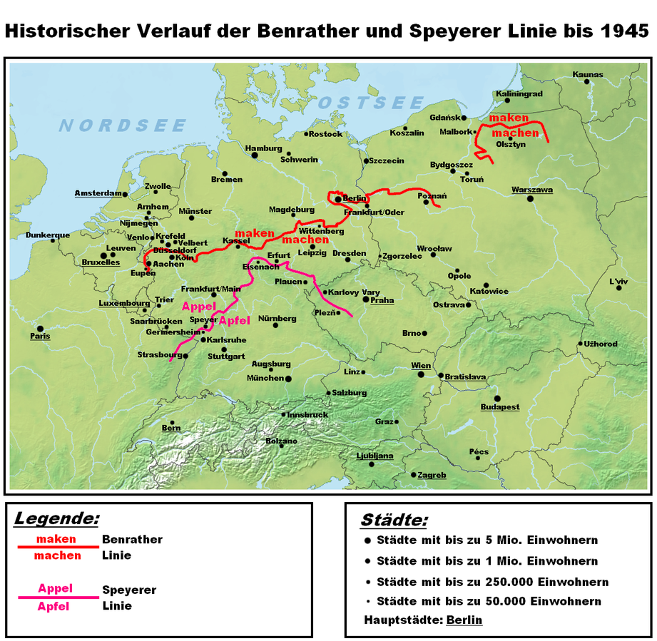 Darstellungskarte des historischen Verlaufes der Benrather und der Speyerer Linie als Trenngrenze zwischen Nieder- und Mitteldeutsch.