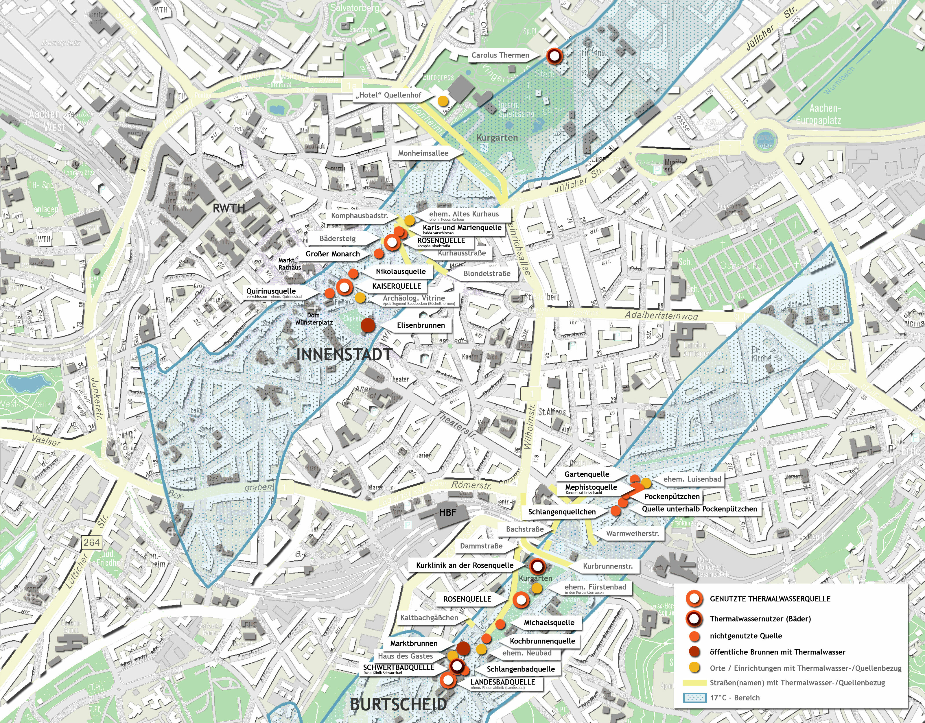 Lageplan der Aachener und Burtscheider Thermalquellen und Stationen der Thermalwasserroute Aachen